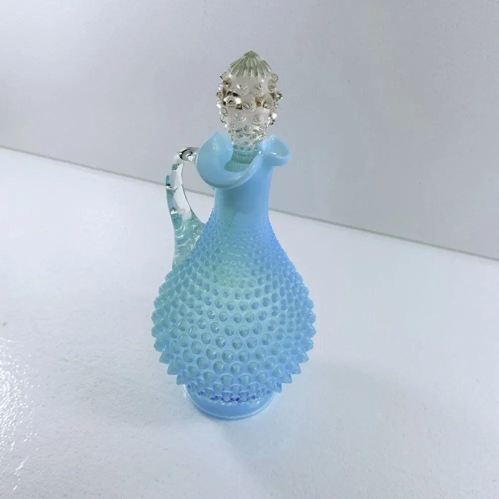 Vintage Fenton Glass Blue Opalescent Hobnail Wine Decanter Pitcher W/ Stopper